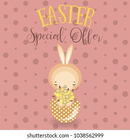 Greeting cards with cute Easter bunny, Easter eggs and flowers. Vector funny characters rabbit illustration. 