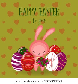 Greeting cards with cute Easter bunny, Easter eggs and flowers. Vector funny characters rabbit illustration. 