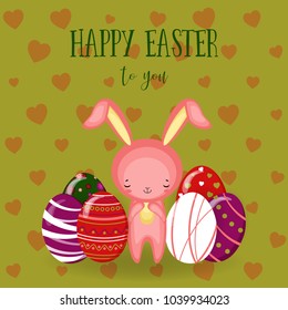Greeting cards with cute Easter bunny, Easter eggs and flowers. Vector funny characters rabbit illustration. 