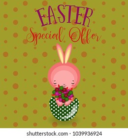 Greeting cards with cute Easter bunny, Easter eggs and flowers. Vector funny characters rabbit illustration. 
