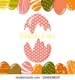 Greeting cards with cute Easter bunny, Easter eggs and flowers. Vector funny characters rabbit illustration. 