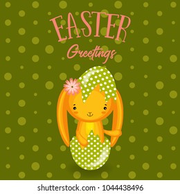 Greeting cards with cute Easter bunny, Easter eggs and flowers. Vector funny characters rabbit illustration. 