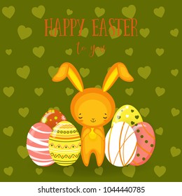 Greeting cards with cute Easter bunny, Easter eggs and flowers. Vector funny characters rabbit illustration. 