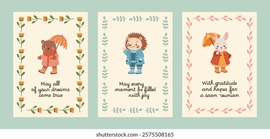 Greeting cards with cute forest animals, flowers, leaves collection. Poster set with spring, summer botanical elements and woodland characters. Cottagecore. Vector illustration. 