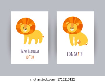 Greeting cards with cute lions. Happy birthday set of cards. Vector illustration in cartoon style