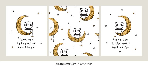 Greeting cards with cute pandas on the golden moons and stars for Valentine's Day, Mother's Day, birthday, wedding. Seamless pattern for textile, wallpapers, gift wrap. Vector.