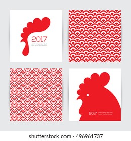 Greeting cards design set for New Year 2017 with red rooster and two seamless chinese textures in red and white colors