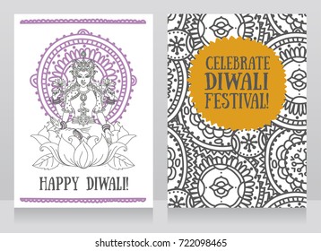 greeting cards for diwali festival with indian goddess Lakshmi, vector illustration