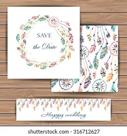 Greeting cards with dream catcher. Hand drawn design for Save The Date, Thank you card, invitations. Seamless pattern is masked. Wood plank vector background is in the separate layer.