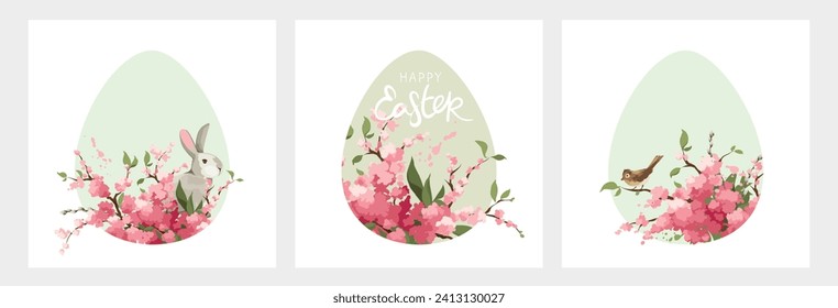 Grußkarten für Ostern. Blühende Kirschen- oder Apfelbaumzweige und kleiner Vogel. oder Kaninchen. Vektorhintergrund zum Thema Blüte und Frühling.
