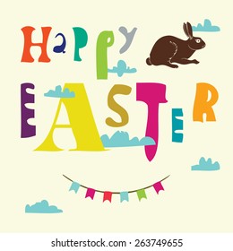 Greeting Cards Easter. Illustration of a hare, which plays the trumpet and a basket of Easter eggs.