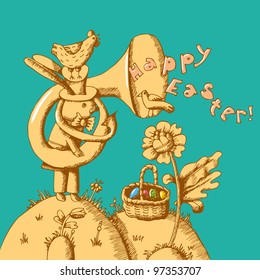 Greeting Cards Easter. Illustration of a hare, which plays the trumpet and a basket of Easter eggs.