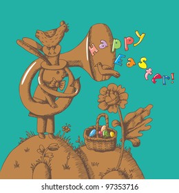 Greeting Cards Easter. Illustration of a hare, which plays the trumpet and a basket of Easter eggs.