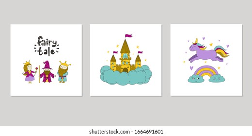 Greeting cards with fairy-tale heroes on a white background. Hand drawn illustration with mage, princess, king, unicorn, rainbow, castle. 