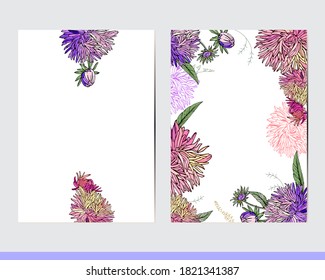 Greeting cards with floral elements. Decor with asters and herbs