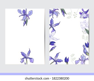 Greeting cards with floral elements. Decor with herbs and irises