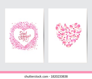Greeting cards with floral elements and decoration. Decor with heart made of rose petals