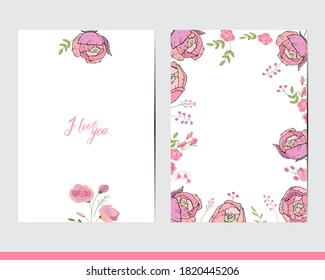 Greeting cards with floral elements and decoration. Decor with roses and herbs