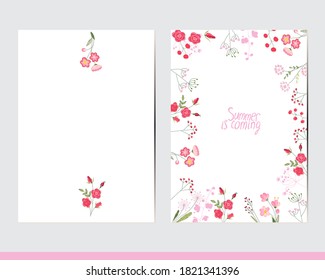 Greeting cards with floral elements and decoration. Decor with roses and herbs
