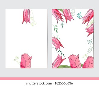 Greeting cards with floral elements and decoration. Decor with tulips