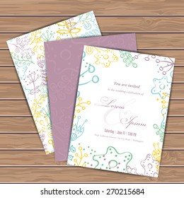 Greeting cards with floral elements on wood plank background. Place for your text. Use for invitations, announcement cards. Seamless pattern masked. Vector illustration.