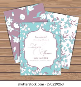 Greeting cards with floral elements on wood plank background. Place for your text. Use for invitations, announcement cards. Seamless pattern masked. Vector illustration.
