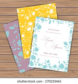 Greeting cards with floral elements on wood plank background. Place for your text. Use for invitations, announcement cards. Seamless pattern masked. Vector illustration.