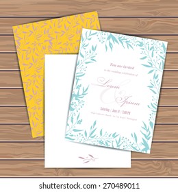 Greeting cards with floral elements on wood plank background. Place for your text. Use for invitations, announcement cards. Seamless pattern masked. Vector illustration.