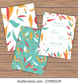 Greeting cards with floral elements on wood plank background. Place for your text. Use for invitations, announcement cards. Seamless pattern masked. Vector illustration.