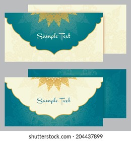 greeting cards with floral motifs in east style. Light gold background in persian style. Template design for wedding invitation.