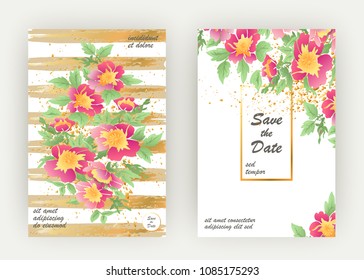 Greeting cards flower rose wreath leaves with gold lines white geometric trendy background wedding ornament pink floral magazine poster invite  Graphic illustration wedding, cover, product, vector