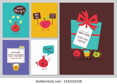 Greeting cards with funny cartoon characters for Rosh Hashanah, Jewish holiday. happy and sweet new year in Hebrew, Shana tova. Vector illustration design 