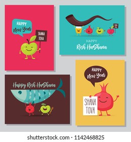 Greeting cards with funny cartoon characters for Rosh Hashanah, Jewish holiday. honey jar, apples and pomegranates. Vector illustration design Vector illustration design