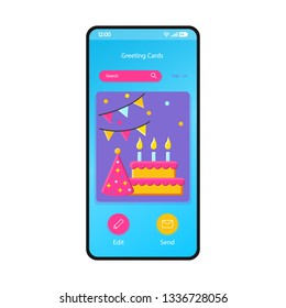 Greeting cards gallery smartphone interface vector template. Mobile app page blue design layout. Birthday, holiday ecard maker, editor screen. Flat UI for application. Party invitation. Phone display