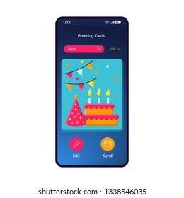 Greeting cards gallery smartphone interface vector template. Mobile app page blue gradient design layout. Birthday ecard, party invitation maker, editor screen. Flat UI for application. Phone display