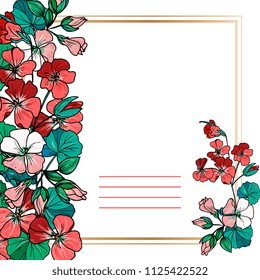 greeting cards  with geranium flowers hand drawing your text here sign isolated over white background. Vector illustration.