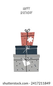 Greeting cards with gift boxes and lettering. Birthday party, children's holiday, winter’s celebrate, jubilee, holy day. Simple vector card with wishes in Scandinavian style. Hand drawn illustration.