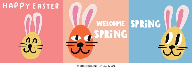 Greeting cards for Happy Easter. Cute bunnies. Flat vector design. Illustration on white background. 