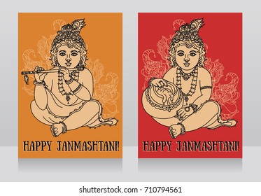 greeting cards for happy janmashtami with baby Krishna, red and yellow colors,  vector illustration