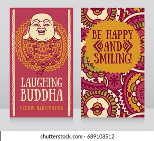 greeting cards with head of Laughing Buddha, traditional asian Feng Shui talisman Hotei or Budai for happiness, vector illustration 