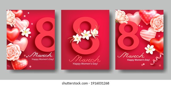 Greeting cards for International Women’s Day 8 March. Banners with daffodils, roses and heart shapes. Vector set.