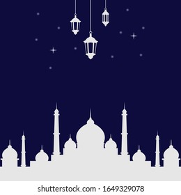 greeting cards and invitations with mosque silhouettes and beautiful lanterns of ramadan kareem vector design