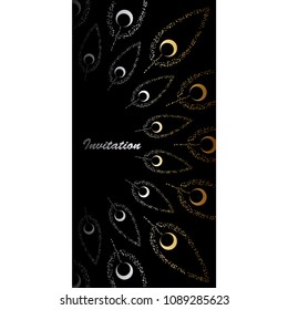 Greeting cards and invitations of standard size. Peacock feathers are gold and silver on a black background. Abstraction of a peacock's tail