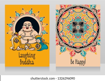 greeting cards with Laughing Buddha, traditional asian Feng Shui talisman Hotei or Budai for happiness, vector illustration 