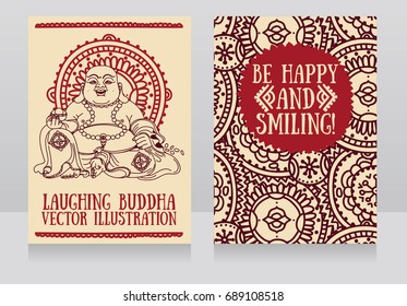 greeting cards with Laughing Buddha, traditional asian Feng Shui talisman Hotei or Budai for happiness, vector illustration 