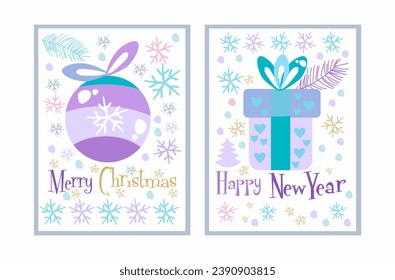 Greeting cards Merry Christmas, Happy New Year, Happy Holidays, Winter greetings. Vector illustration