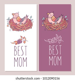 Greeting cards for mothers day. The best mom. Mama bird sits in the nest. Vector illustration.