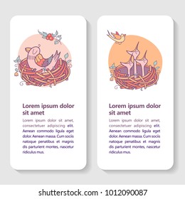 Greeting cards for mothers day. Vector illustration. The bird sits in the nest. The Chicks sit in the nest waiting for mom. The inscription the Best mom.There is a place for text. Vector clipart. 