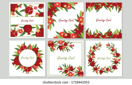 Greeting Cards with Pomegranate Leaves and Fruit Framing the Border and Arranged in Wreath Vector Set