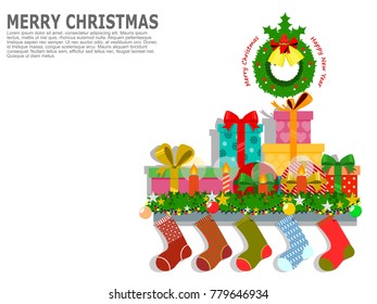 Greeting cards, poster or banner. Christmas decoration in a room interior with wreath, candles, colorful socks, and present boxes.